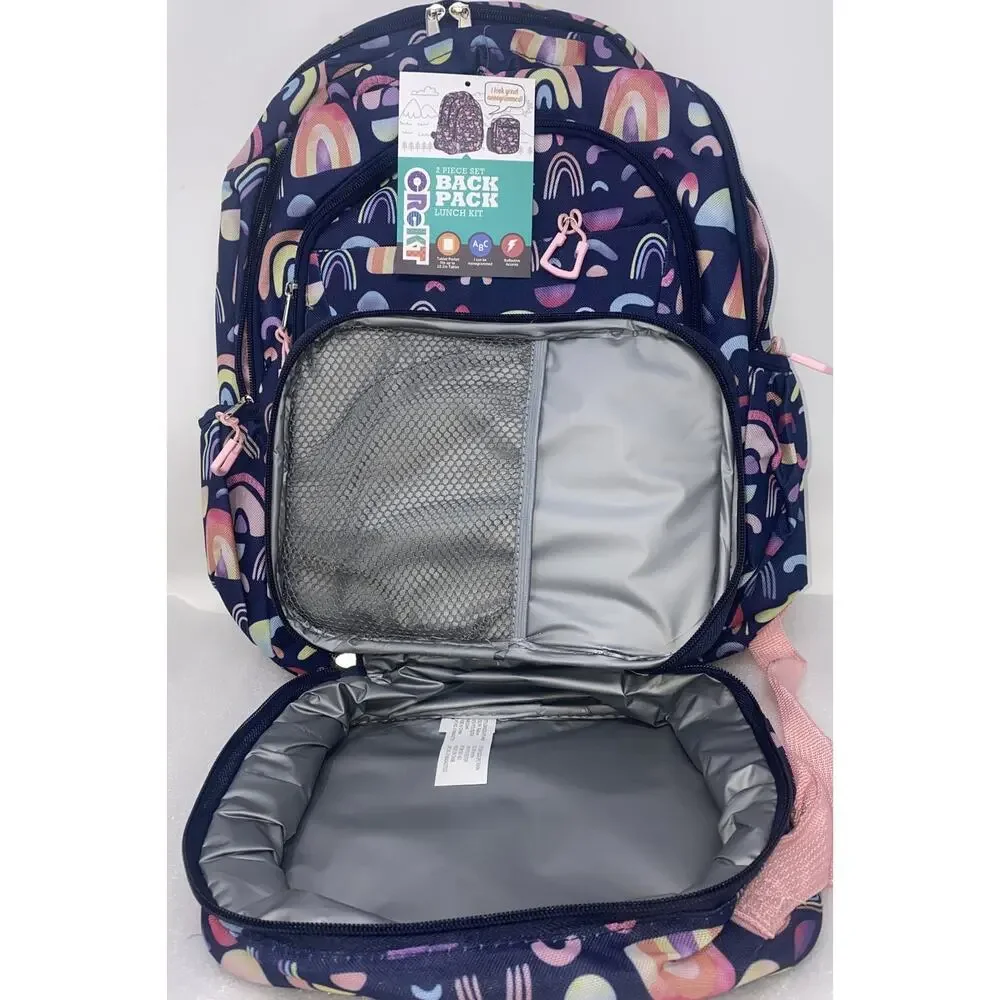 Girls Rainbow Backpack Lunch Box Set 2 Pc School Bag Tablet Pocket New